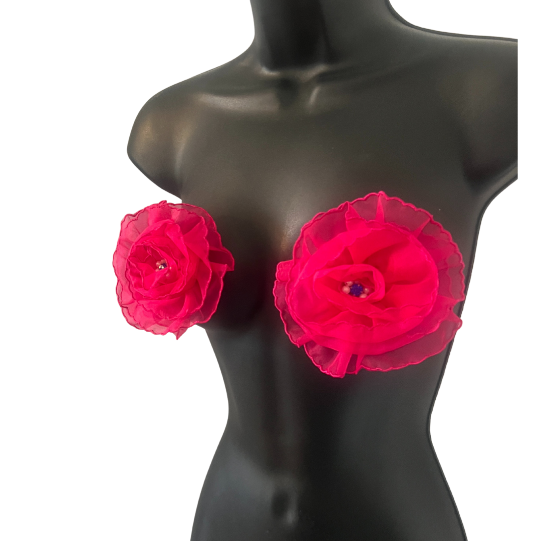 FLEUR TEASE - Beautiful Yellow or Hot Pink Flower Nipple Pasties Covers (2pcs) with beaded centre. Large!