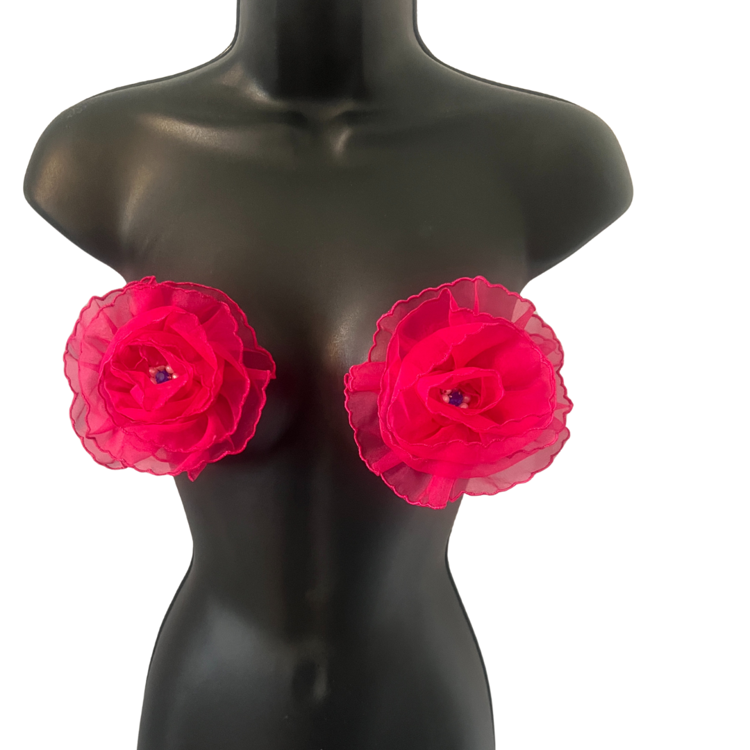 FLEUR TEASE - Beautiful Yellow or Hot Pink Flower Nipple Pasties Covers (2pcs) with beaded centre. Large!