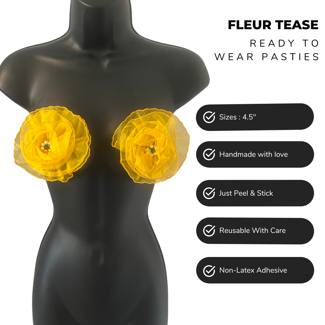FLEUR TEASE - Beautiful Yellow or Hot Pink Flower Nipple Pasties Covers (2pcs) with beaded centre. Large!