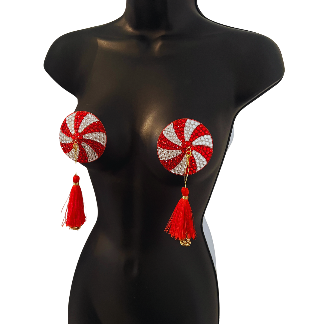KANDI KANE Red & White Holiday Candy Nipple Pasties, Covers with Hand Beaded Tassels (2pcs)