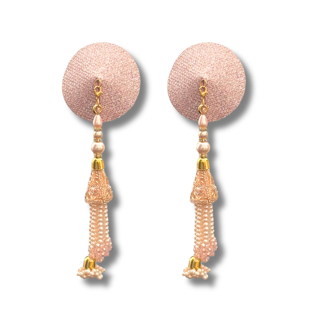 CHAMPAGNE KISS Gold Or Rose Gold Foil Nipple Pasties, Covers (2pcs) with Hand Beaded Gem Tassels (2pcs) Burlesque Lingerie Raves and Festivals Tassels Appeeling Rose gold
