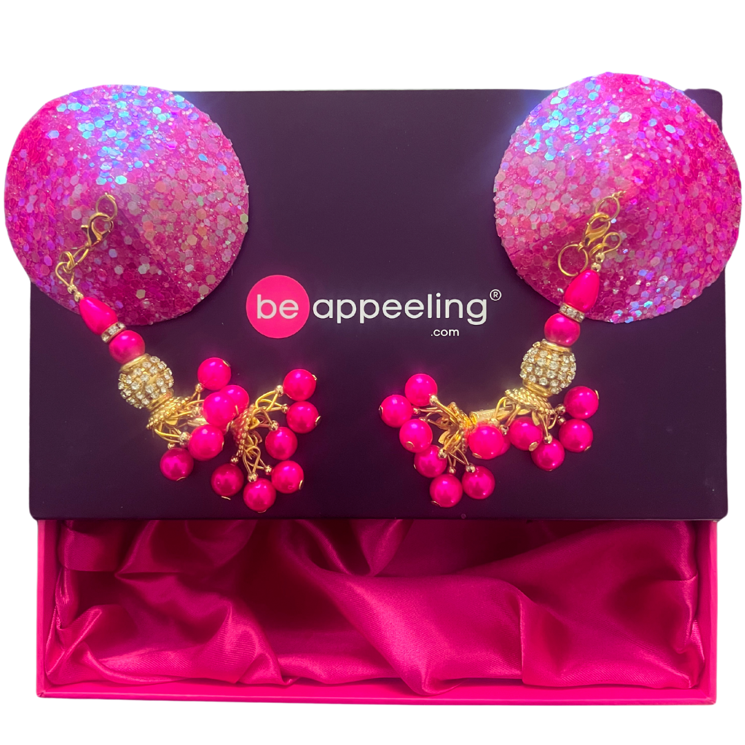 MARGOT Cache-tétons rose pailleté, pâteux (2pcs) avec pompons amovibles