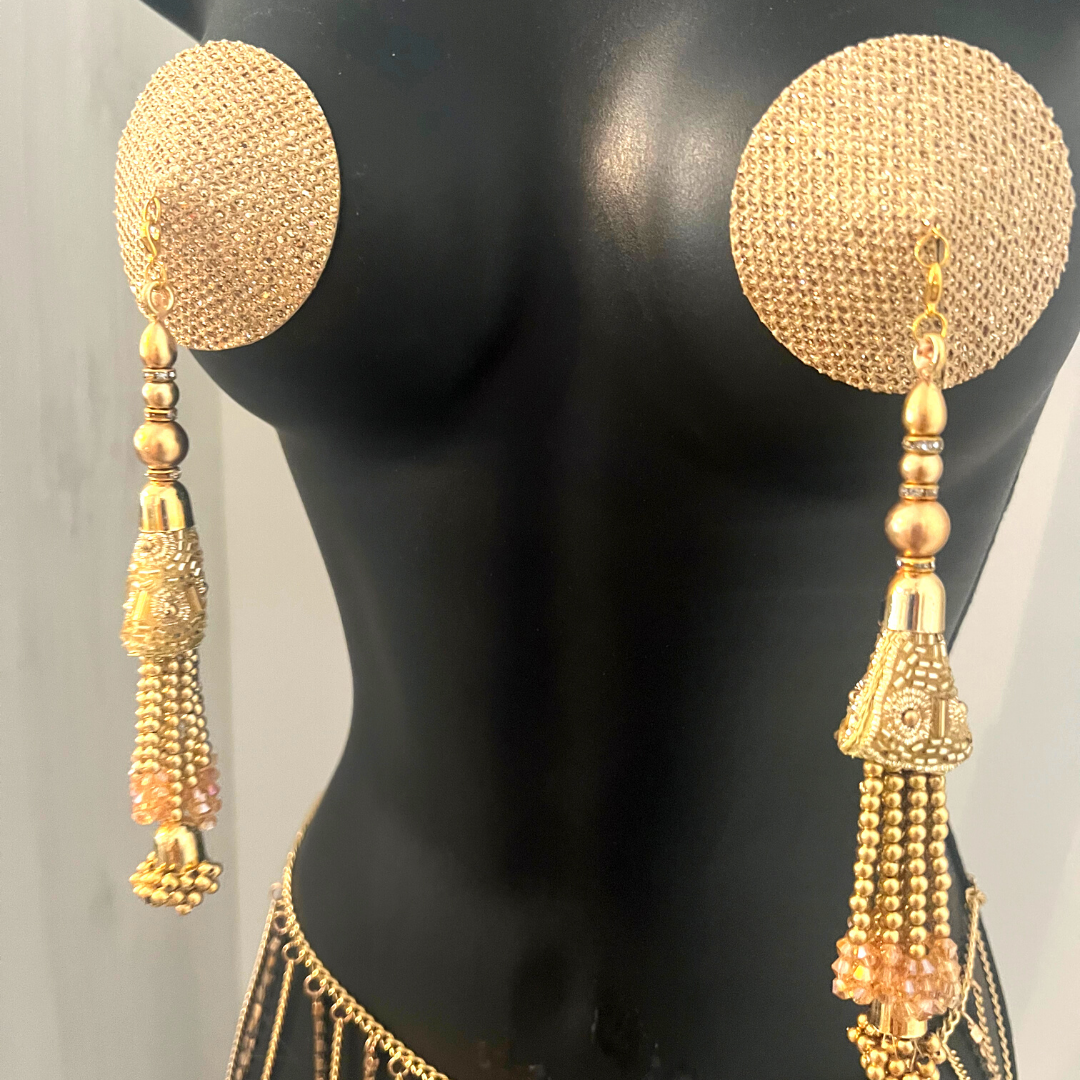 CHAMPAGNE KISS Gold Foil Nipple Pasties, Covers (2pcs) with Hand Beaded Gem Tassels (2pcs) Burlesque Lingerie Raves and Festivals