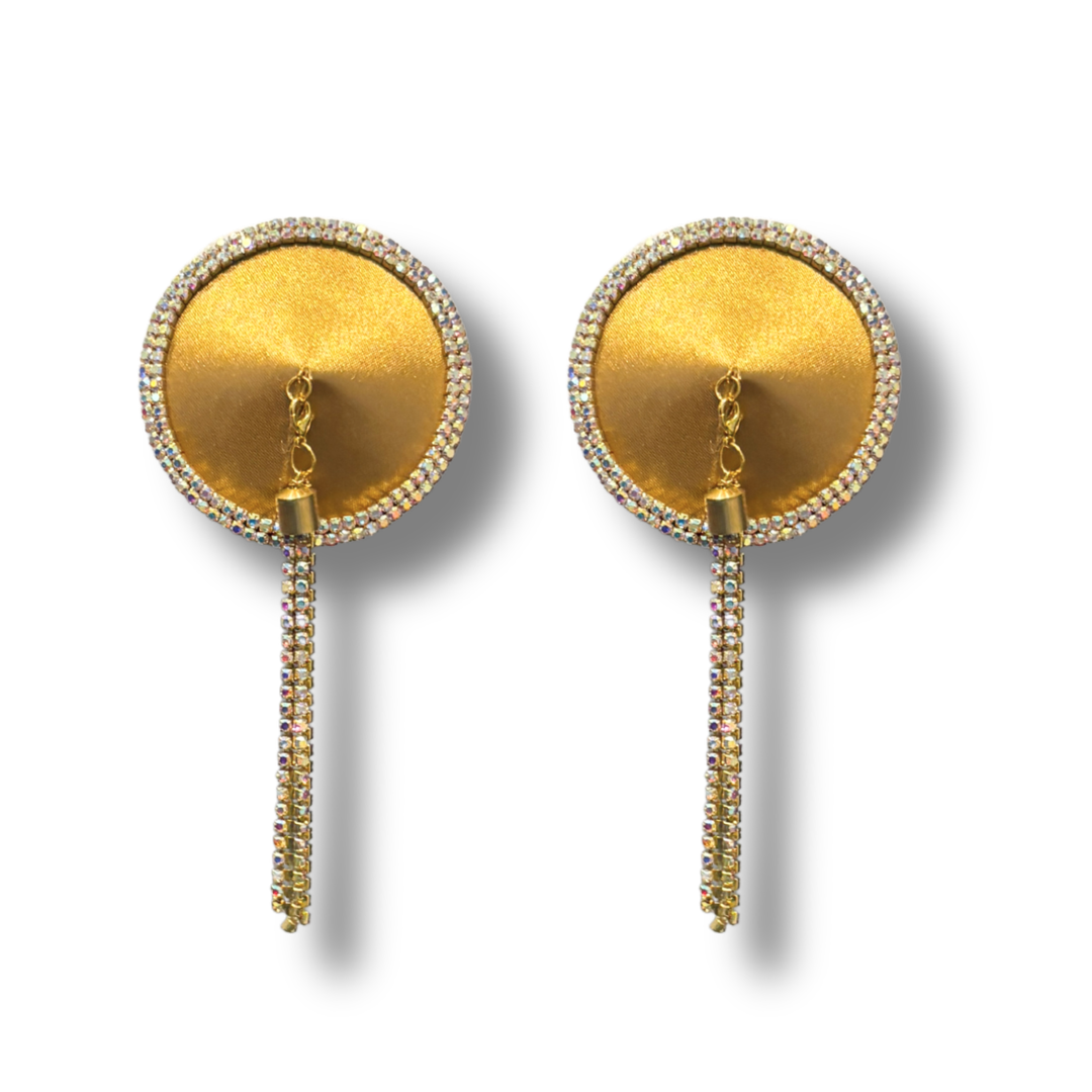 SEDUCTRESS Silk and Rhinestone Nipple Pasties, Covers with RhinestoneTassels - Red, Black, Royal Blue or Gold (2pcs) Appeeling Gold
