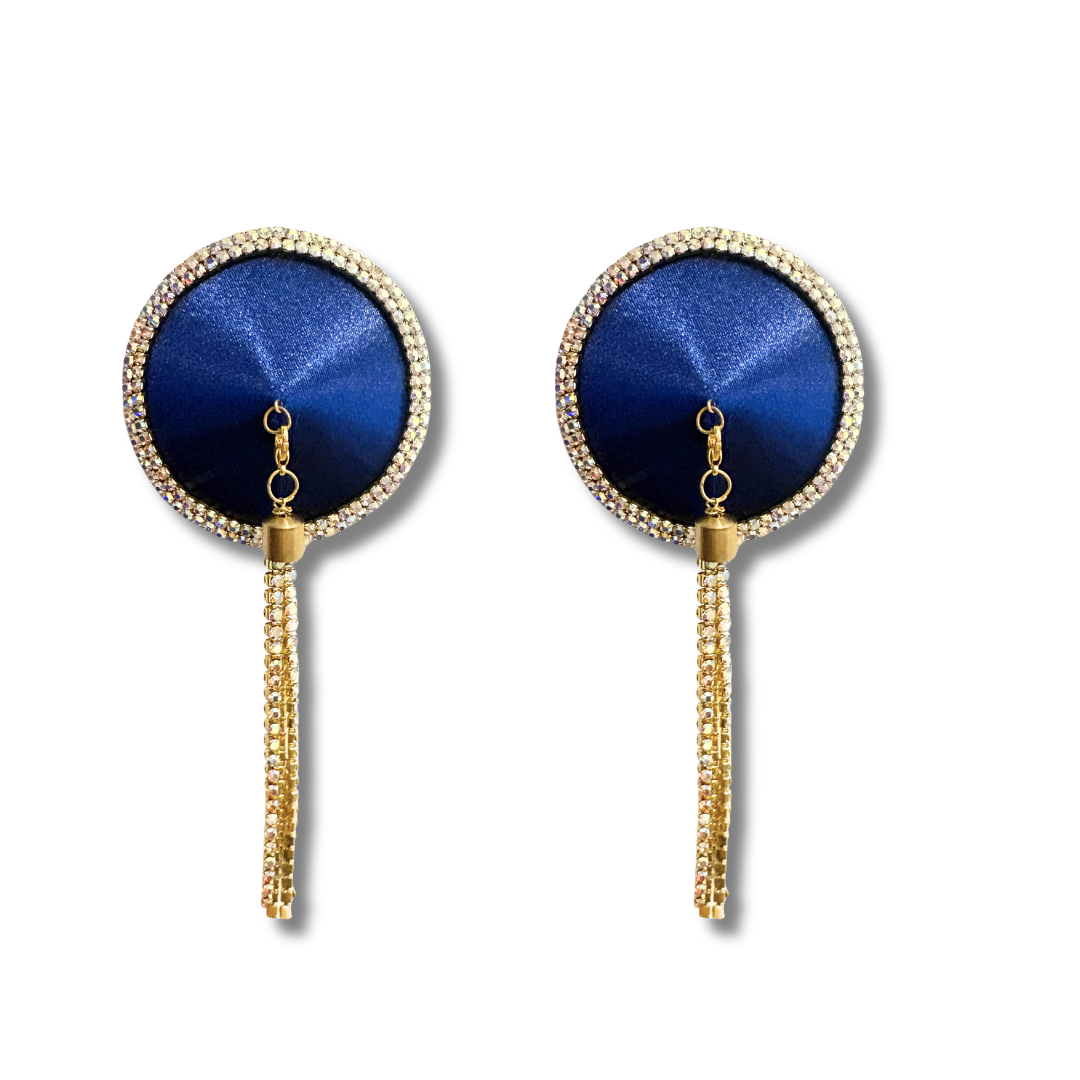SEDUCTRESS Silk and Rhinestone Nipple Pasties, Covers with RhinestoneTassels - Red, Black, Royal Blue or Gold (2pcs) Appeeling Blue