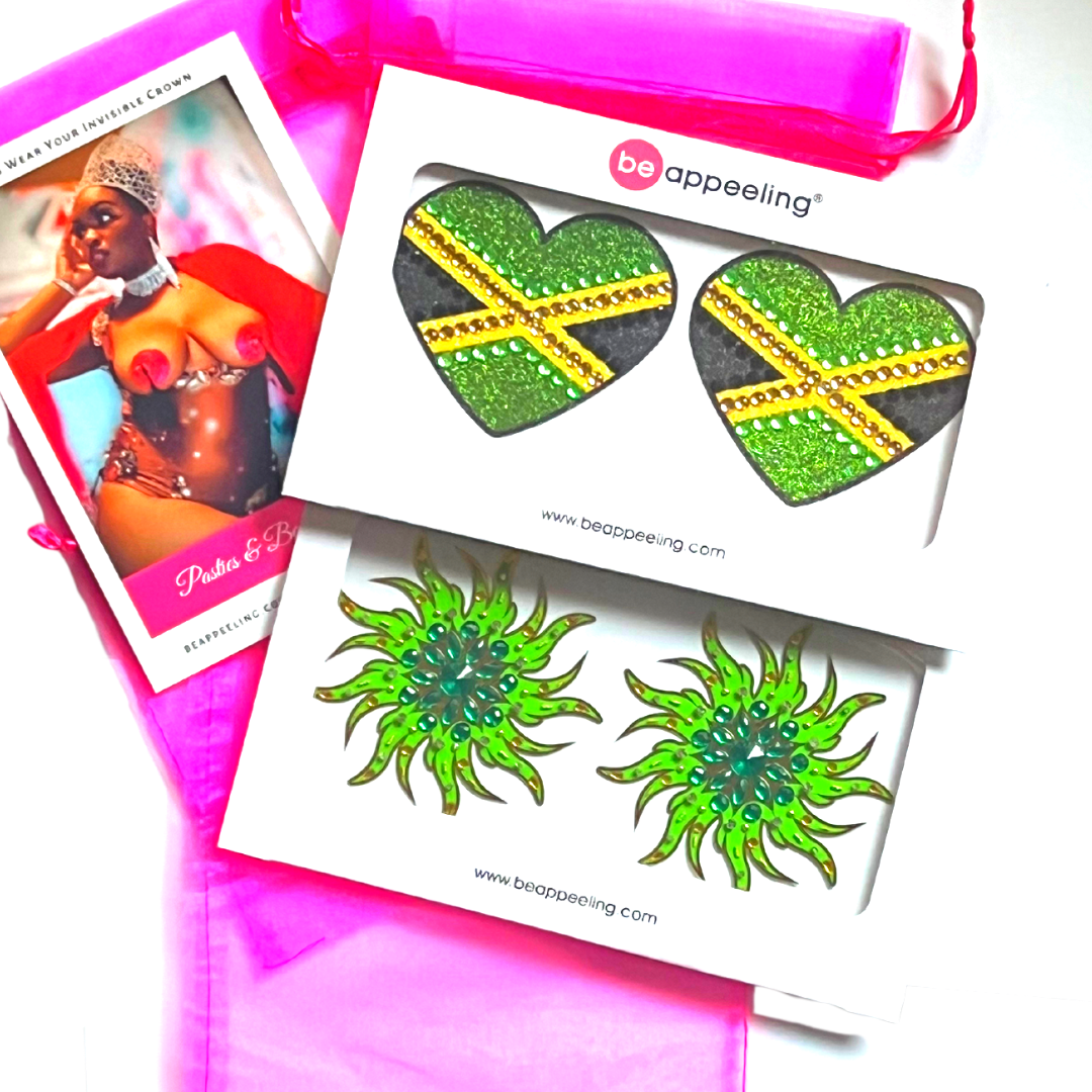 JAMAICA GREEN Bundle (2 pairs, 4 pcs) - Carnival Inspired Nipple Pasty, Cover, Tassels for Burlesque Lingerie Raves Carnival