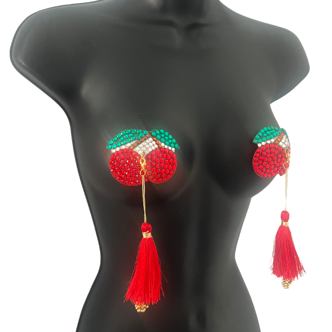 CHERRIES JUBILEE Red Cherry Nipple Pasty, Nipple Cover (2pcs) with Removable Tassels for Lingerie Carnival Burlesque Rave