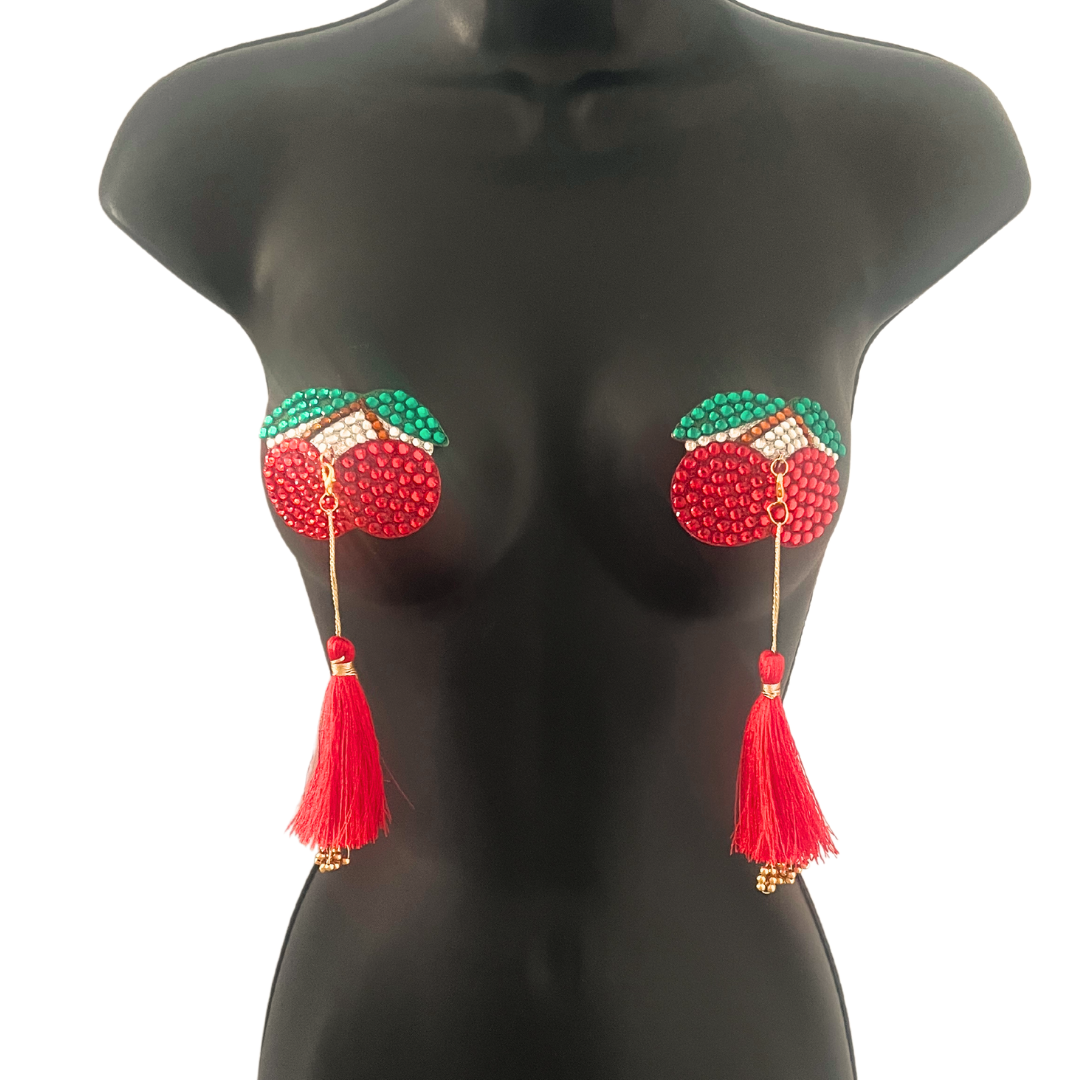 CHERRIES JUBILEE Red Cherry Nipple Pasty, Nipple Cover (2pcs) with Removable Tassels for Lingerie Carnival Burlesque Rave