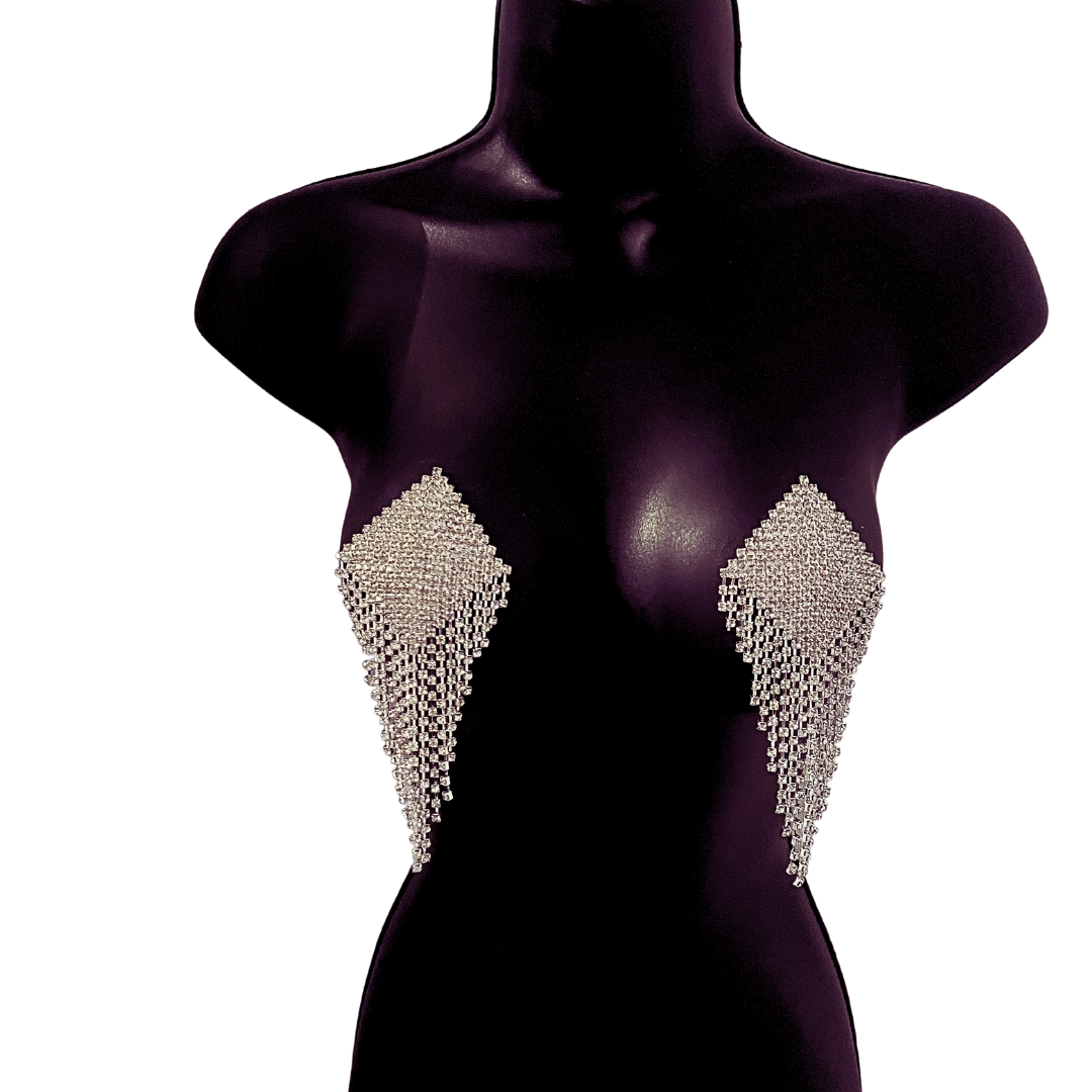 BELLA BOMBSHELL Diamond Shape Rhinestone - Nipple Pasties Covers (2pcs) with Rhinestone Fringe Tassels