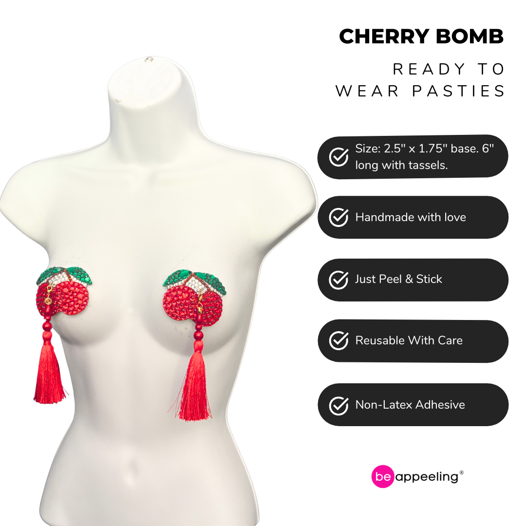 CHERRY BOMB Red Cherry Pasties with Removable Tassels (2pcs)