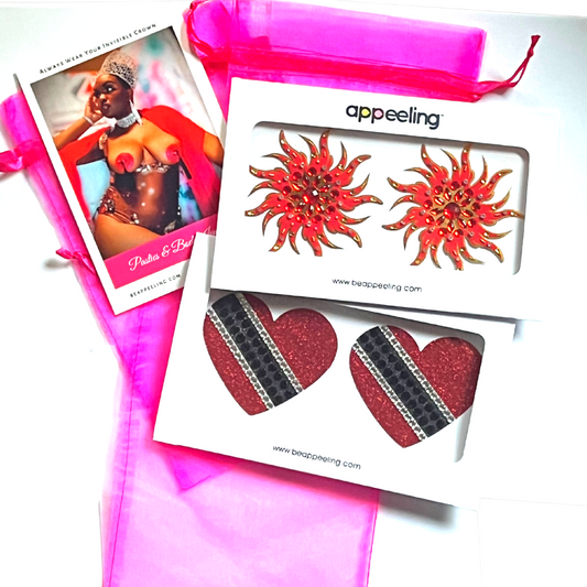 TRINIDAD RED Bundle (2 pairs, 4 pcs) - Carnival Inspired Nipple Pasty, Cover, Tassels for Burlesque Lingerie Raves Carnival – SALE