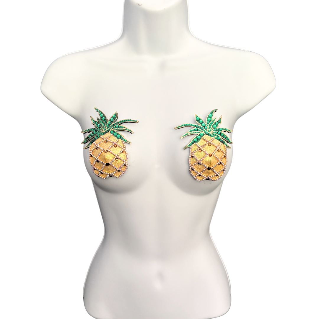 PINA COLADA Pineapple Rhinestone Nipple Pasties, Covers 2PCS
