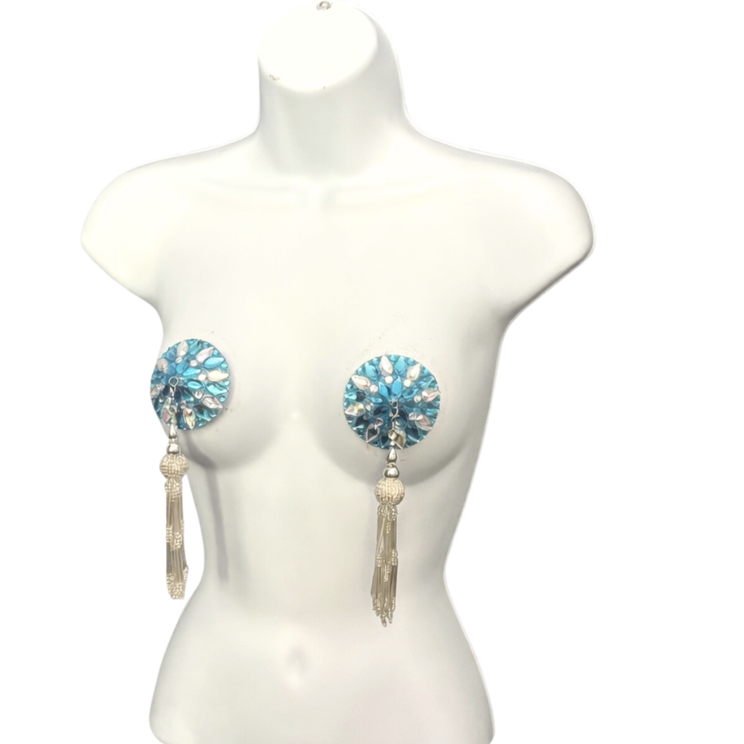 NEPTUNE'S TEMPTATION Aqua and AB Gem Pasties, Nipple Covers with Removable Tassels