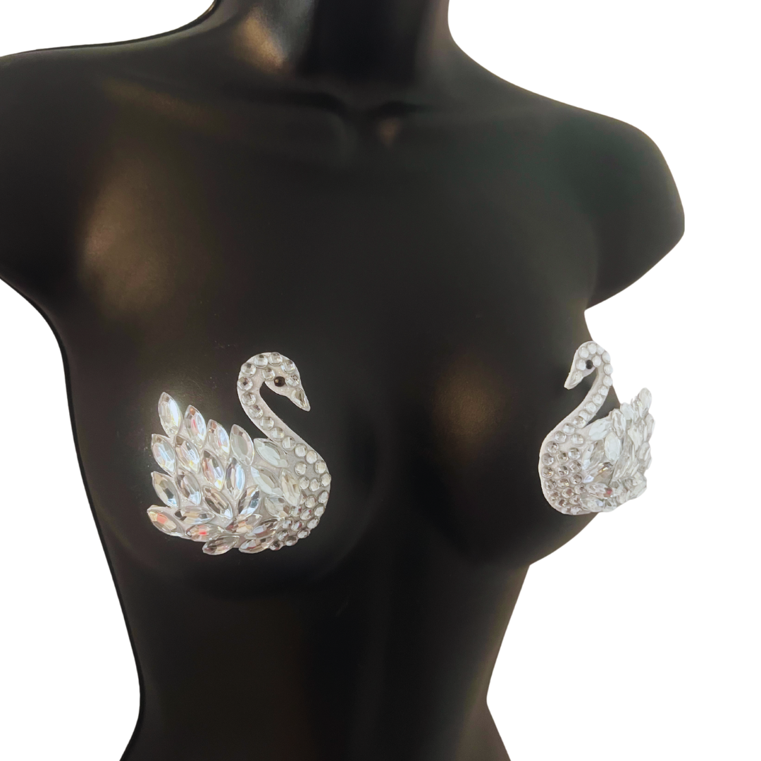 SWAN LAKE - Glitter and Gem Swan Nipple Pasties Covers (2pcs) for Burlesque, Rave Lingerie and Festivals