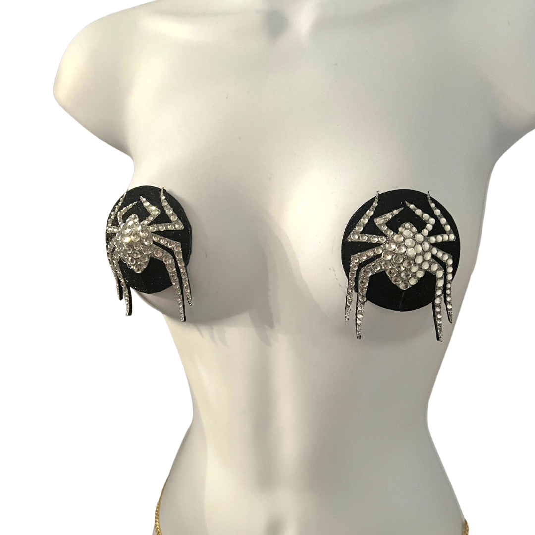 MISS MUFFET Black and Silver Spider Nipple Pasties, Covers (2pcs) for Burlesque Raves Lingerie Halloween (reusable)