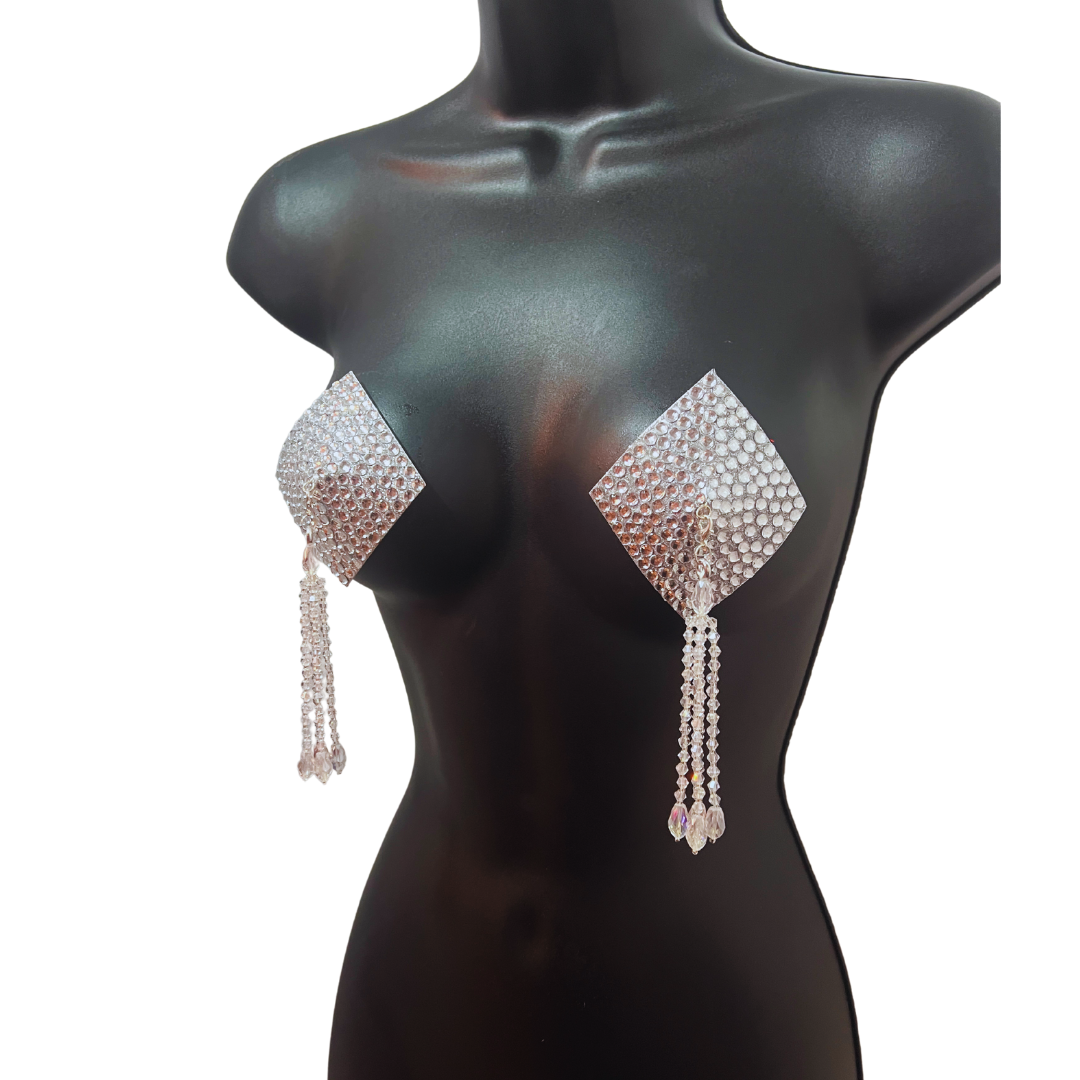 DIAMANTE Gold (5 colours!) Diamond Shape Crystal Pasties, Covers (2 PCS) with Removable Crystal and Tassels