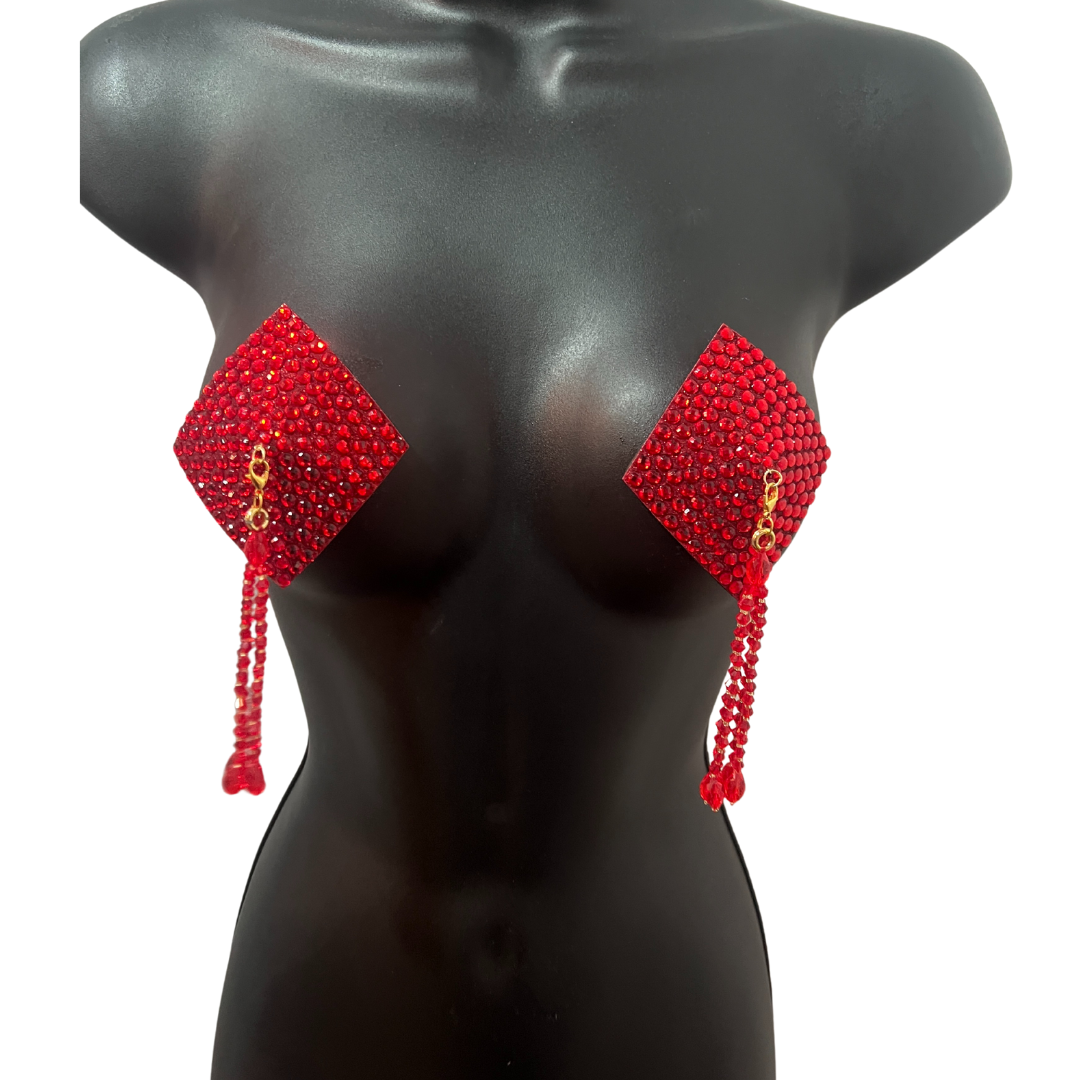 DIAMANTE Gold (5 colours!) Diamond Shape Crystal Pasties, Covers (2 PCS) with Removable Crystal and Tassels