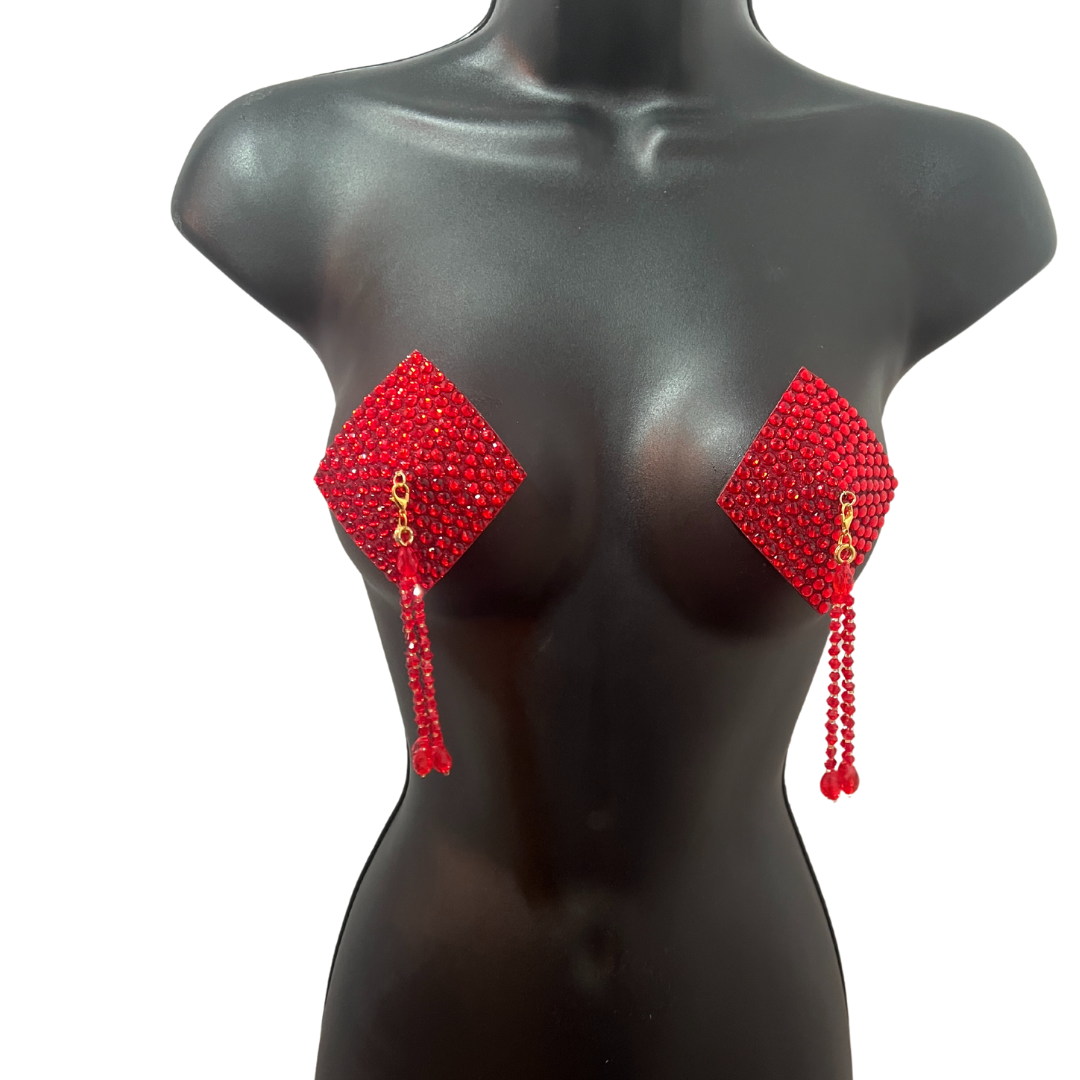 DIAMANTE Gold (5 colours!) Diamond Shape Crystal Pasties, Covers (2 PCS) with Removable Crystal and Tassels