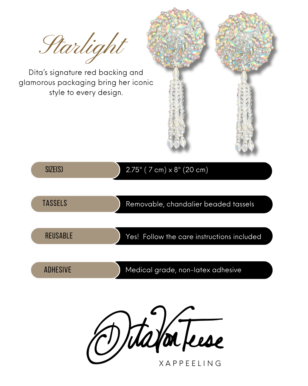 DITA VON TEESE STARLIGHT Glitter & Crystal Pasties with Removable Hand-Beaded Tassels (2pcs) Appeeling