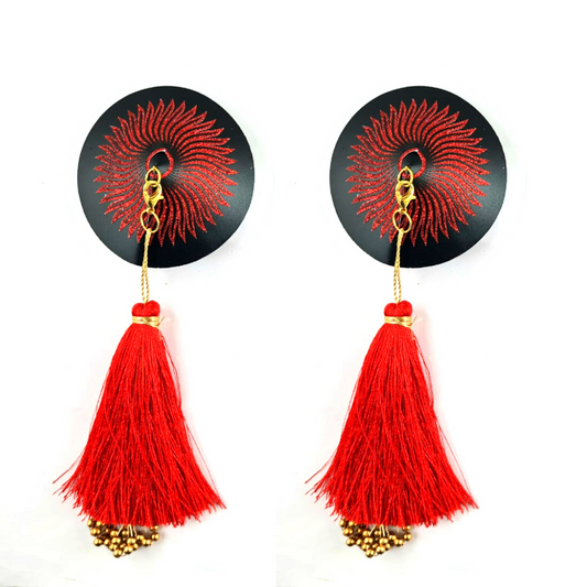SUN GODDESS Red Glitter and Black Nipple Pasty, Cover (2pcs) with Beaded Tassel for Burlesque, Lingerie Raves and Festivals – SALE