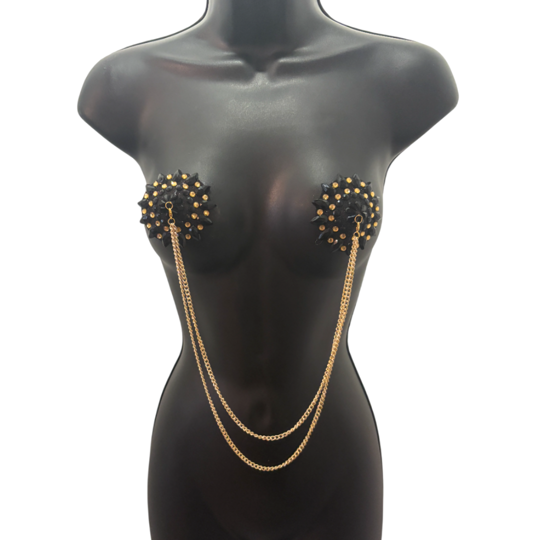 CABARET DORÉ Black and Gold Nipple Pasties with Removable Double Loop Gold Chain (3 pcs)