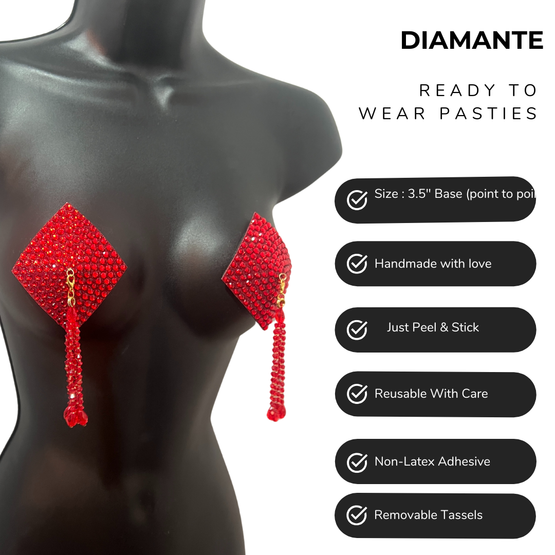 DIAMANTE Gold (5 colours!) Diamond Shape Crystal Pasties, Covers (2 PCS) with Removable Crystal and Tassels