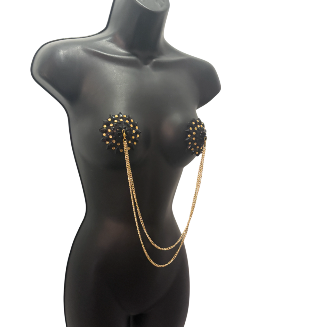 CABARET DORÉ Black and Gold Nipple Pasties with Removable Double Loop Gold Chain (3 pcs)