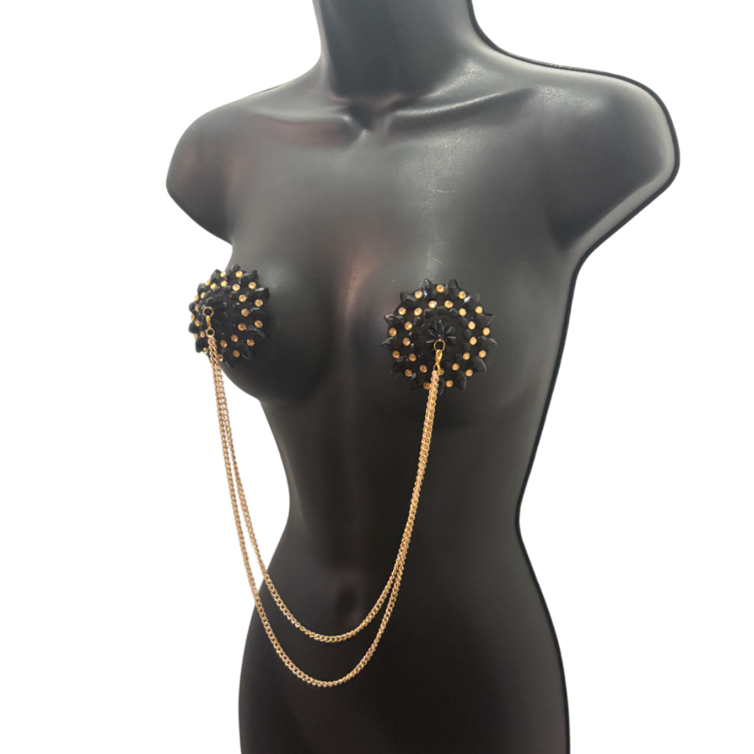 CABARET DORÉ Black and Gold Nipple Pasties with Removable Double Loop Gold Chain (3 pcs)