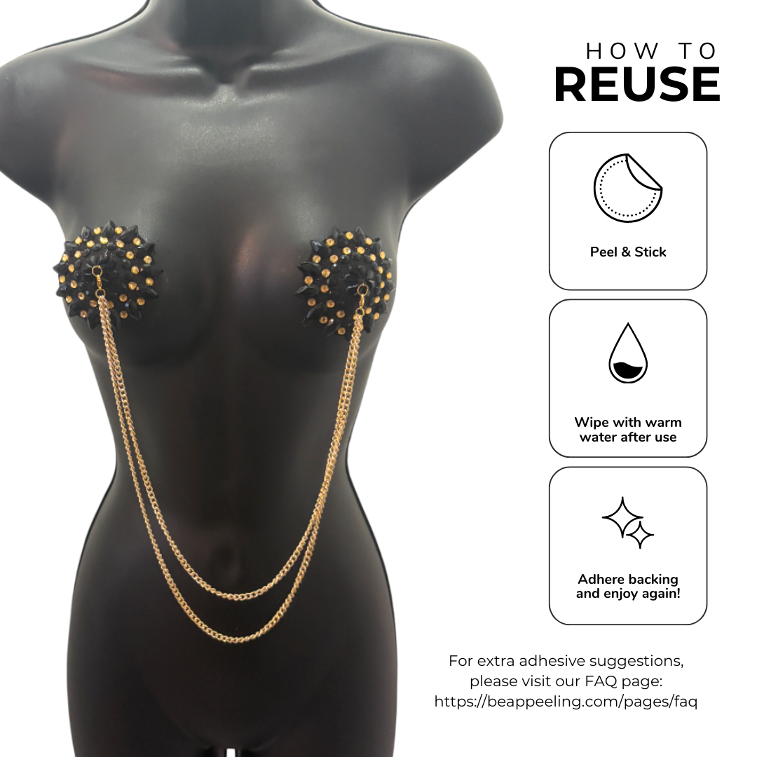 CABARET DORÉ Black and Gold Nipple Pasties with Removable Double Loop Gold Chain (3 pcs)