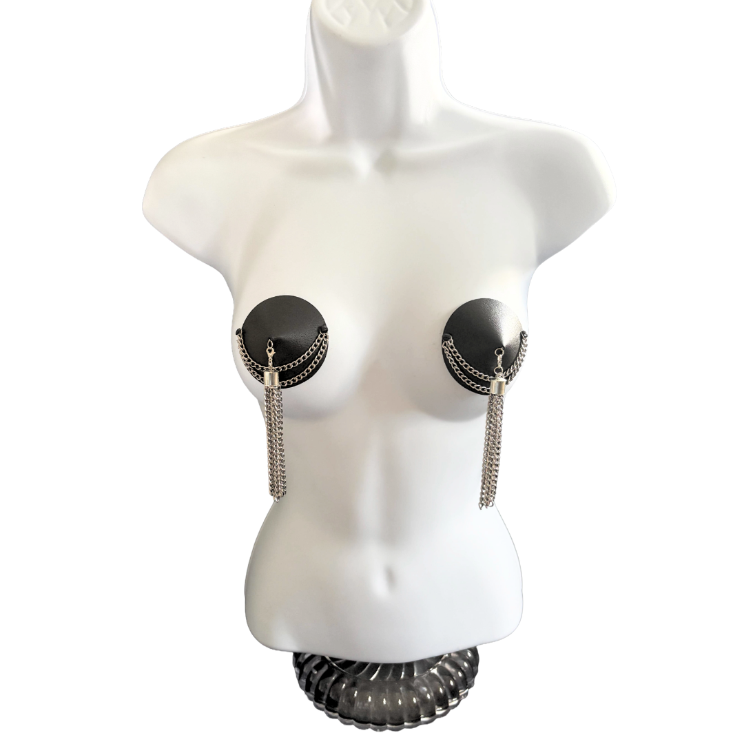 BLACK BETTY Soft Leather and Silver Chain Nipple Pasties, Pasty, Covers (2 PCS) Appeeling
