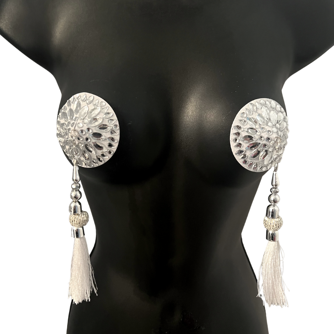 SILVER SCREEN Silver and White Circle Nipple Pasties, Covers (2pcs) wi