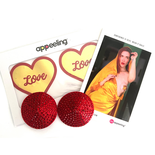 LOVE BOMB BUNDLE (2 pairs, 4 pcs) - Red & Gold Foil Heart and Red Gem Nipple Pasty, Cover, Tassels for Burlesque Lingerie Raves Carnival – SALE
