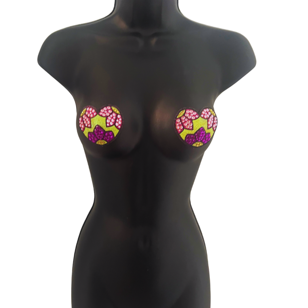 BELLA BLAZE Yellow Heart Shape Nipple Pasties Covers with Beautiful Floral Design(2pcs) Reusable!