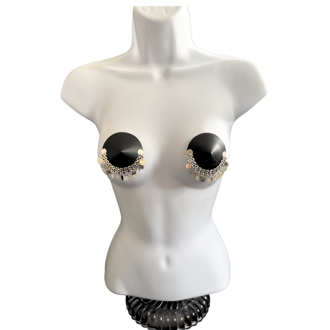 ZAHARA Faux Leather and Silver Chain Nipple Pasties, Pasty, Covers (2 PCS)