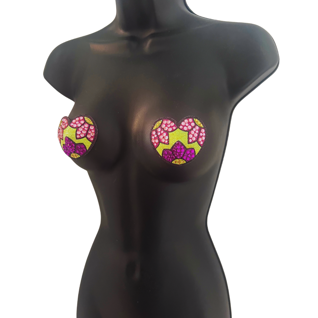 BELLA BLAZE Yellow Heart Shape Nipple Pasties Covers with Beautiful Floral Design(2pcs) Reusable!