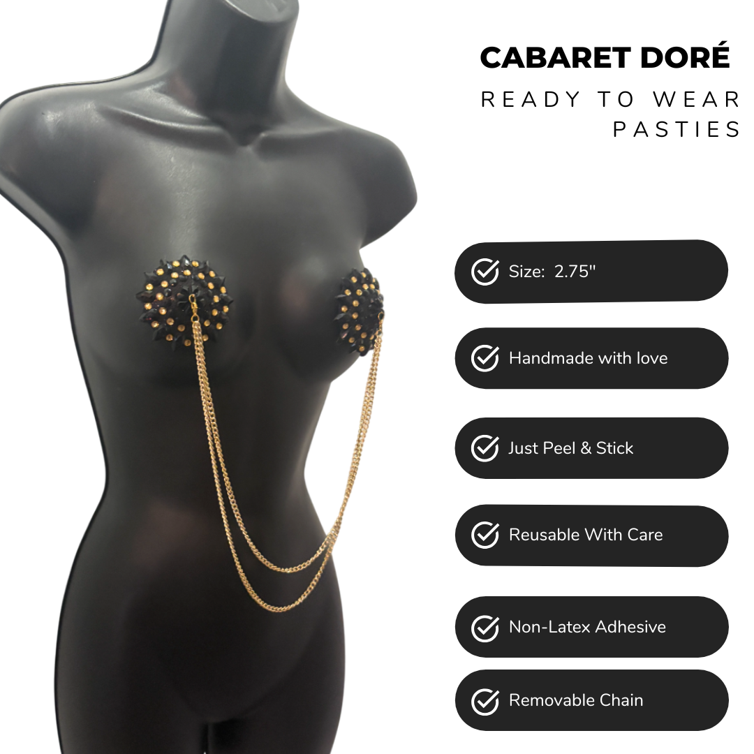 CABARET DORÉ Black and Gold Nipple Pasties with Removable Double Loop Gold Chain (3 pcs)