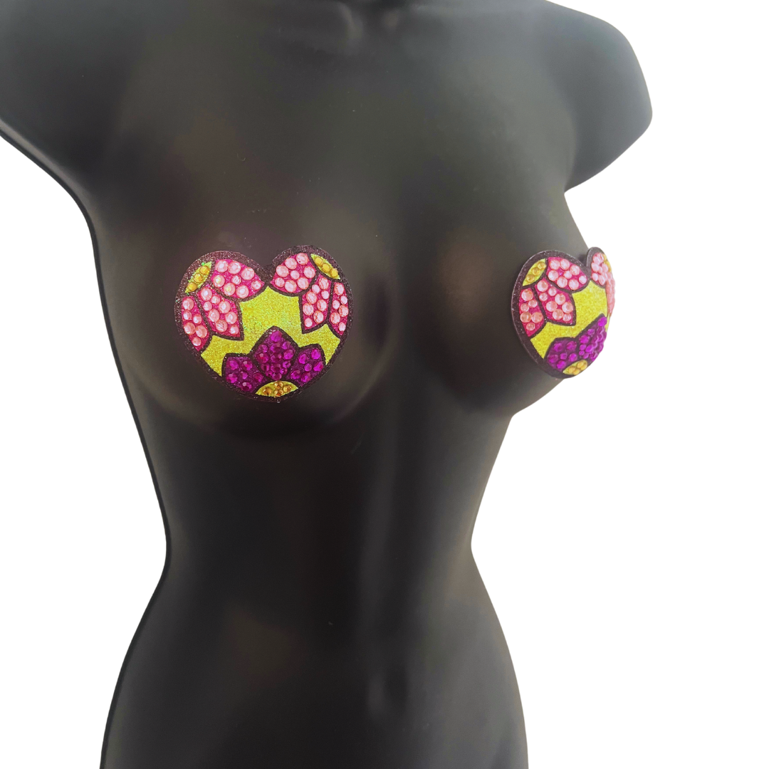 BELLA BLAZE Yellow Heart Shape Nipple Pasties Covers with Beautiful Floral Design(2pcs) Reusable!