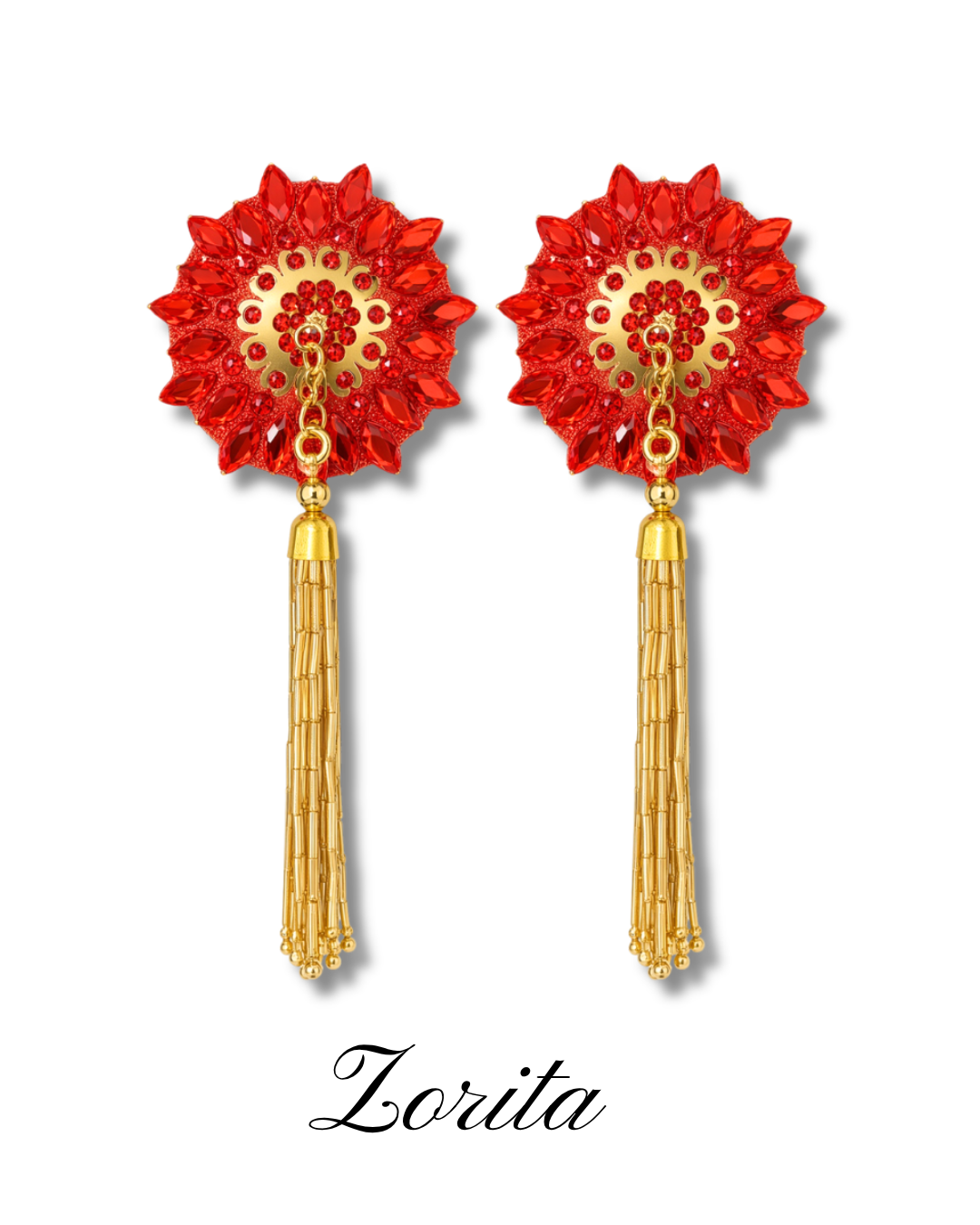 DITA VON TEESE ZORITA Red and Gold Pasties with Removable Hand-Beaded Gold Tassels (2pcs) Appeeling