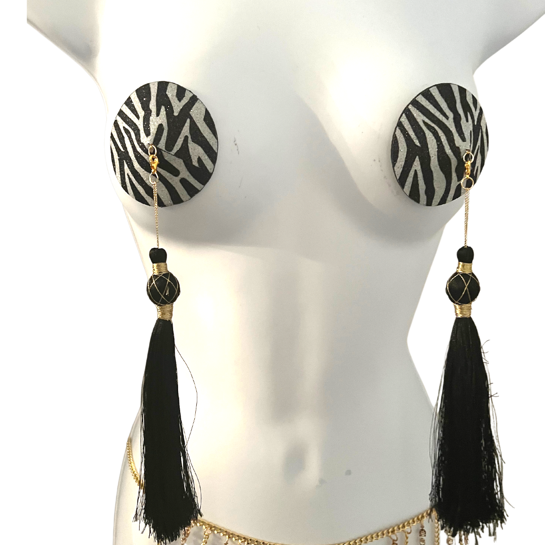 ZOË Pasta para pezones con estampado de cebra con purpurina, cubrepezones (2 piezas) con 2 juegos de borlas para lencería, carnaval, festivales rave burlescos