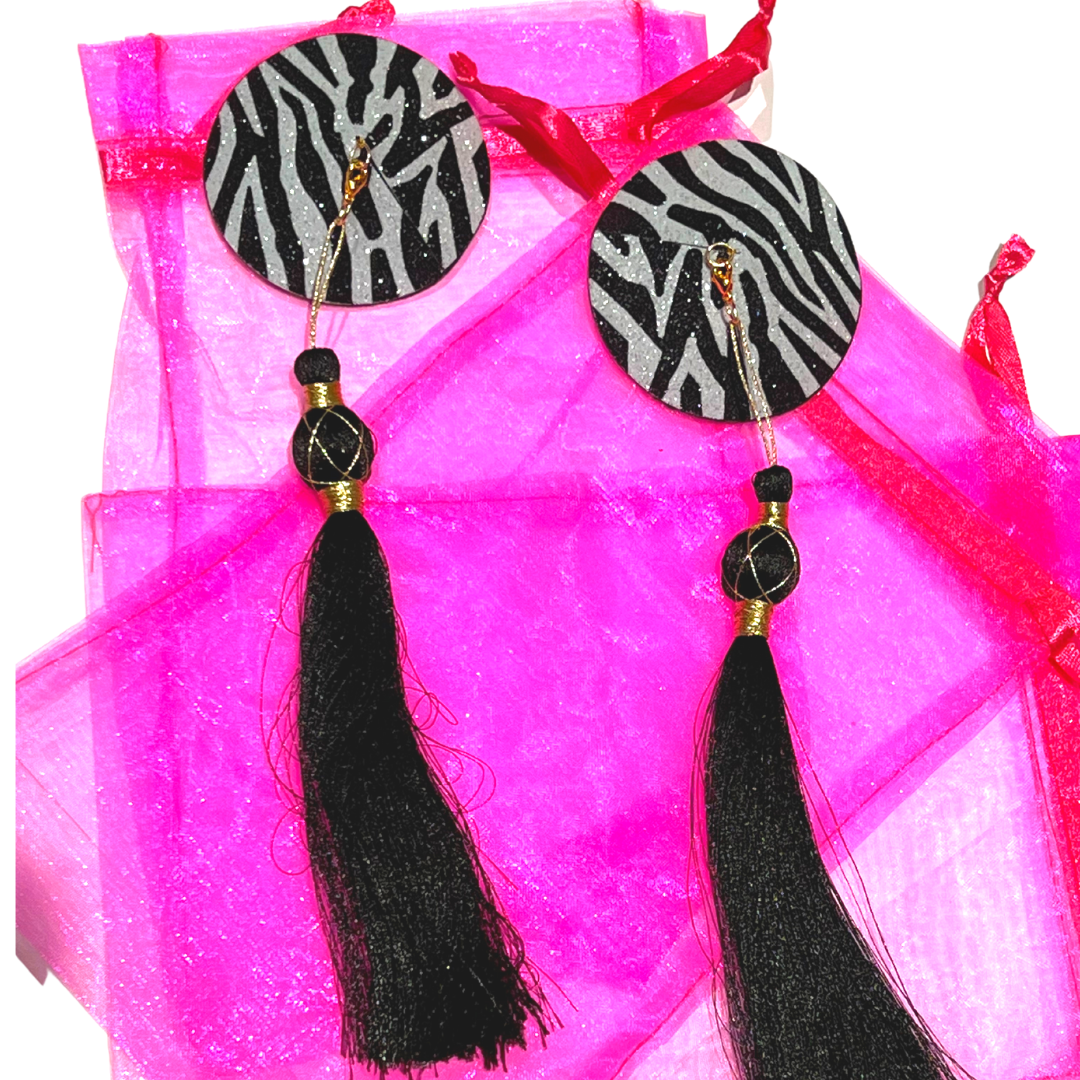 ZOË Pasta para pezones con estampado de cebra con purpurina, cubrepezones (2 piezas) con 2 juegos de borlas para lencería, carnaval, festivales rave burlescos