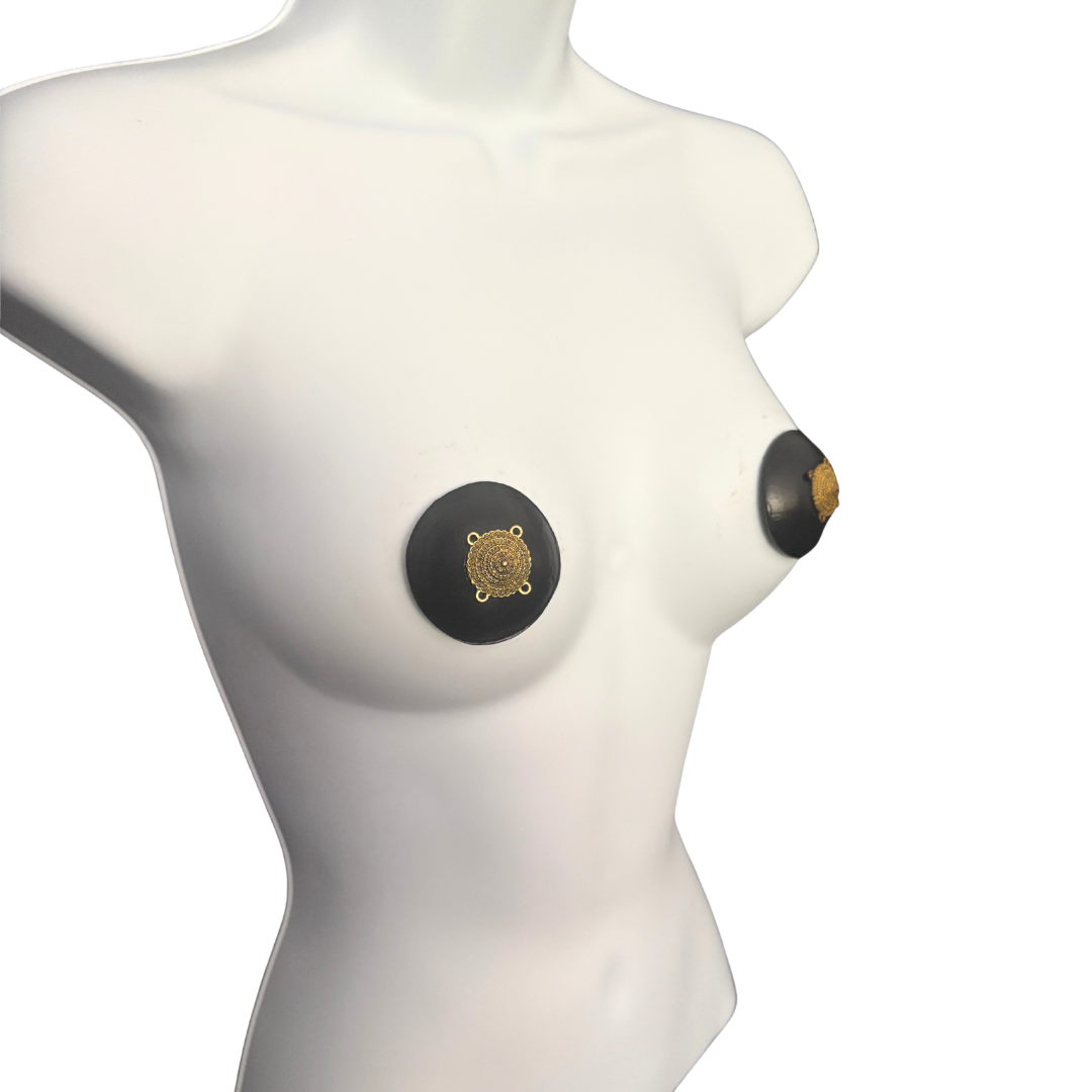 AURELIA Black or Oxblood Leather Pasties with Brass Appliqué (2pcs)
