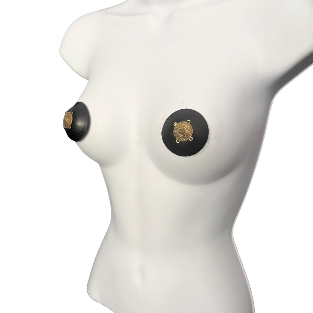 AURELIA Black or Oxblood Leather Pasties with Brass Appliqué (2pcs)