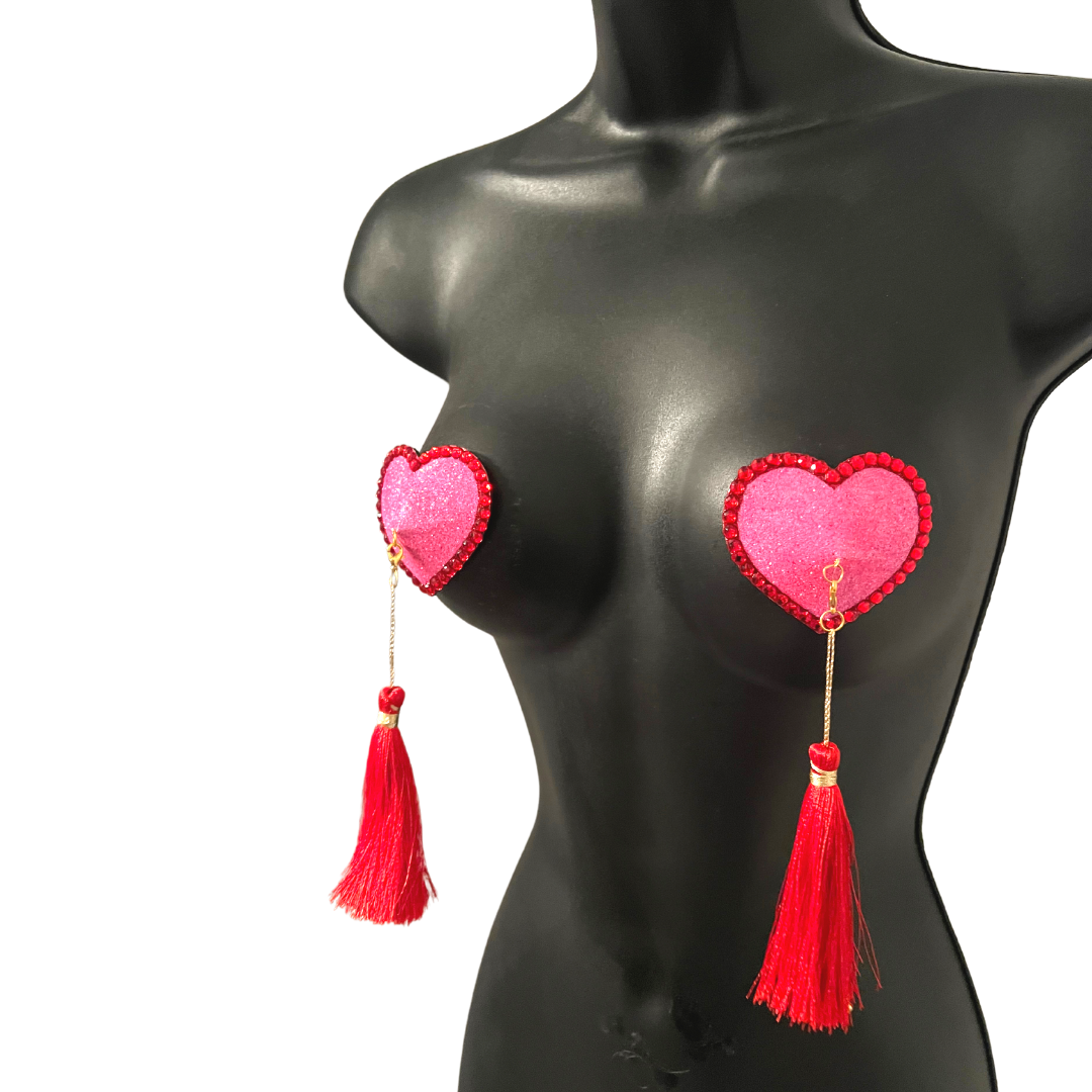 LOVE BOMB Pink & Red Glitter Heart Nipple Pasties, Pasty (2pcs) with Tassels