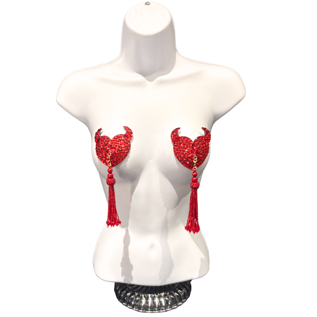 DAREDEVIL Red Devil Hearts Pasties, Nipple Covers (2pcs) with Removable Tassels