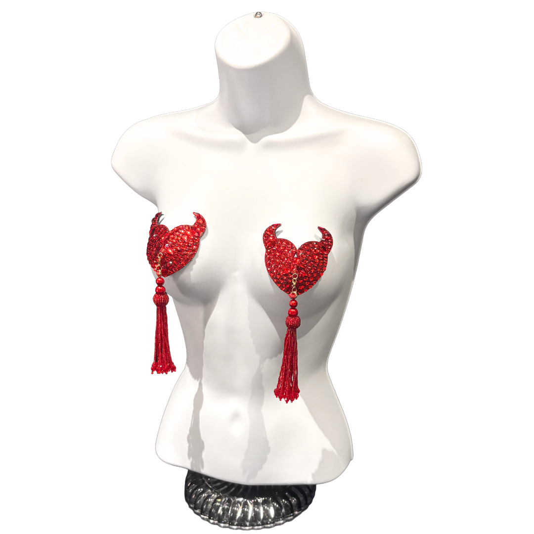 DAREDEVIL Red Devil Hearts Pasties, Nipple Covers (2pcs) with Removable Tassels