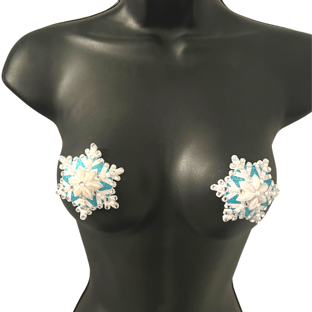 SNOW BUNNY Blue & White Snowflake Pearl and Gem Nipple Pasties, Pasty (2pcs) (2pcs) Burlesque Lingerie Raves and Festivals