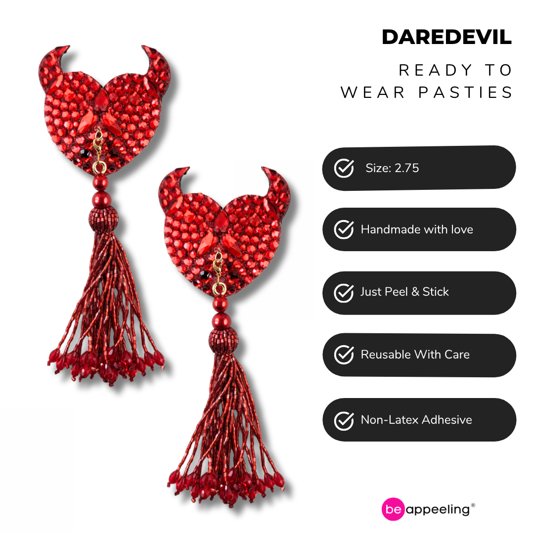 DAREDEVIL Red Devil Hearts Pasties, Nipple Covers (2pcs) with Removable Tassels