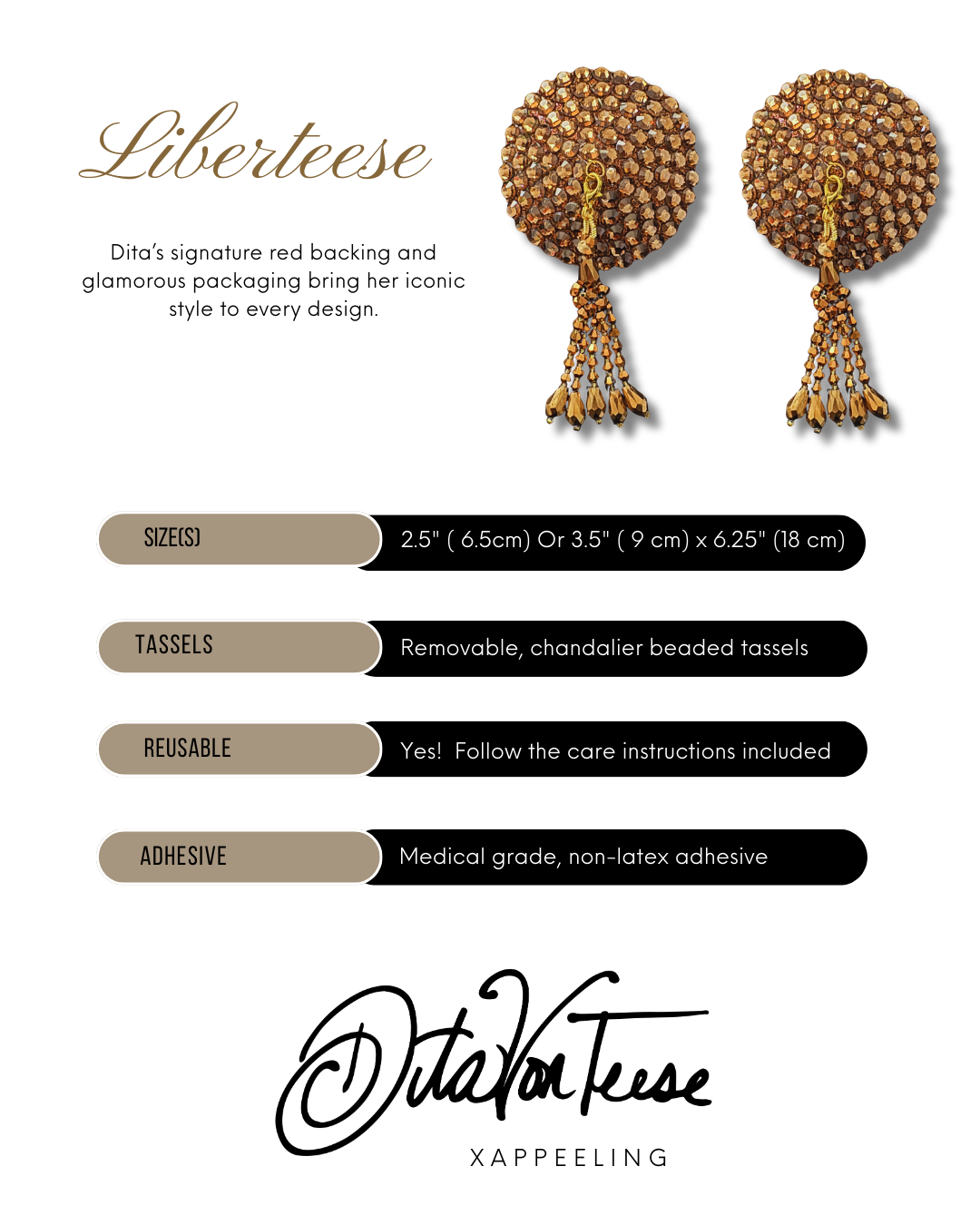 DITA VON TEESE Liberteese Smoked Topaz Shimmering Crystal Pasties with Removable Tassels (2pcs)