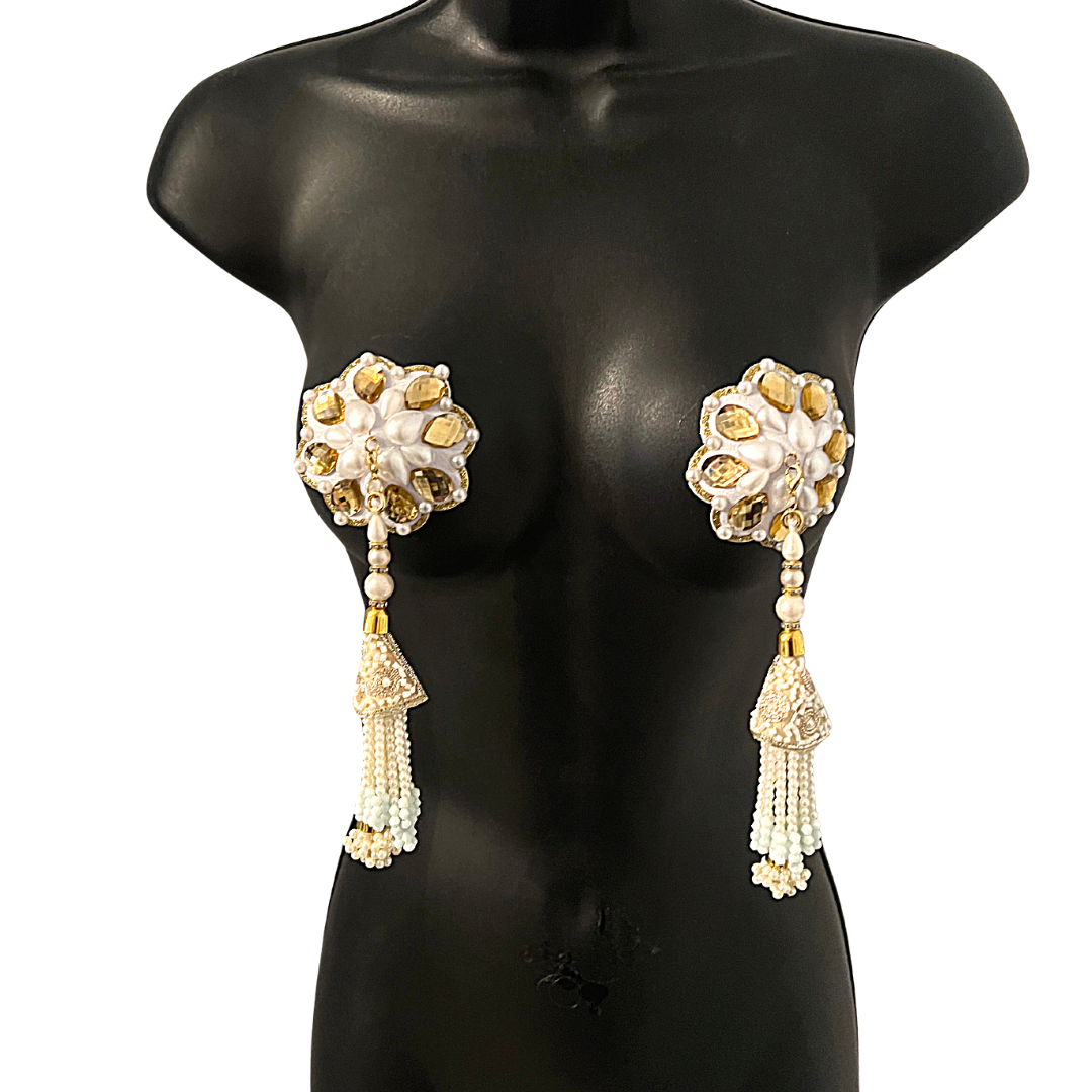 BOUQUET GARNI Cache-tétons en perles blanches et pierres dorées, pâteux (2 pièces) avec pompons amovibles (2 pièces) Lingerie Burlesque Raves et festivals