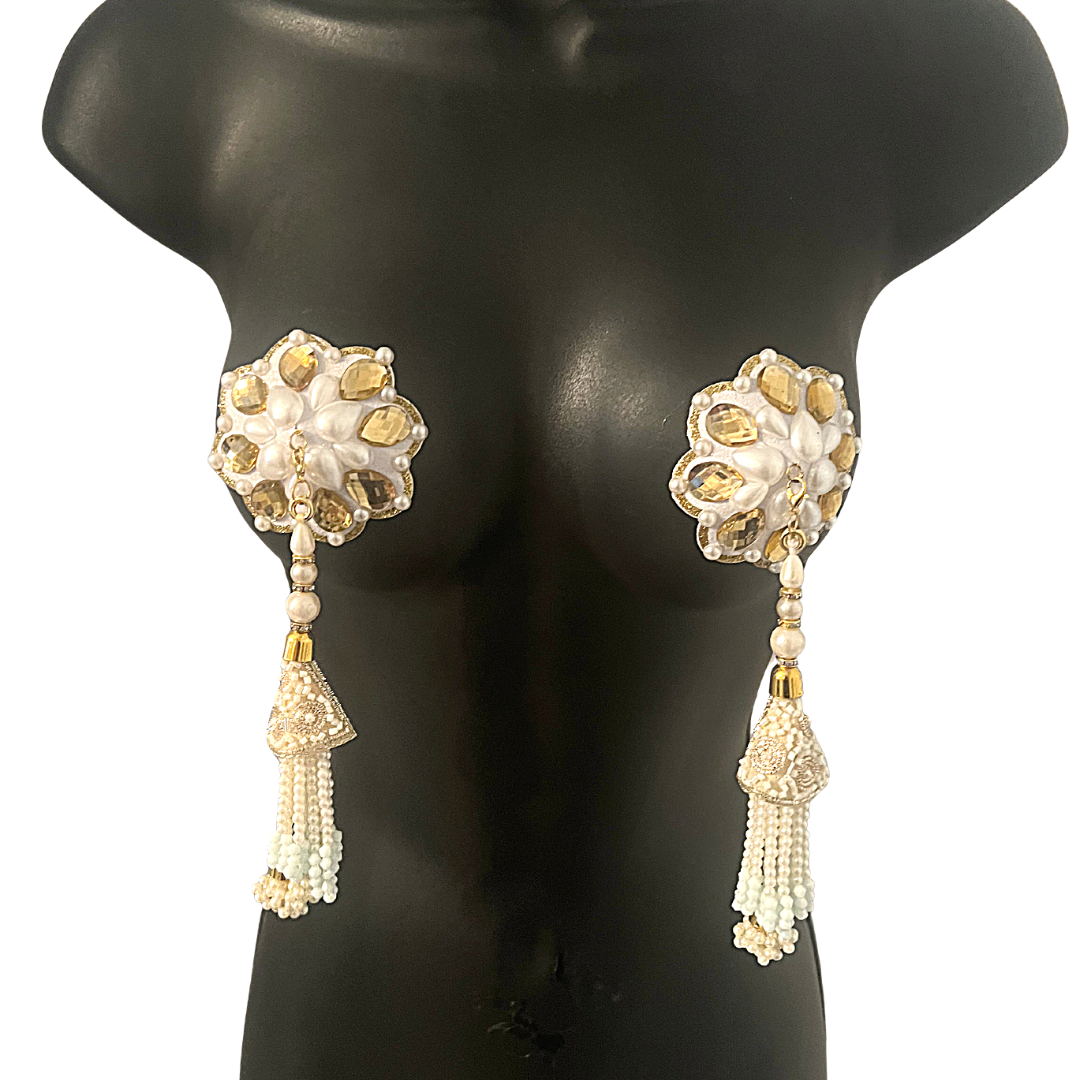 BOUQUET GARNI Cache-tétons en perles blanches et pierres dorées, pâteux (2 pièces) avec pompons amovibles (2 pièces) Lingerie Burlesque Raves et festivals